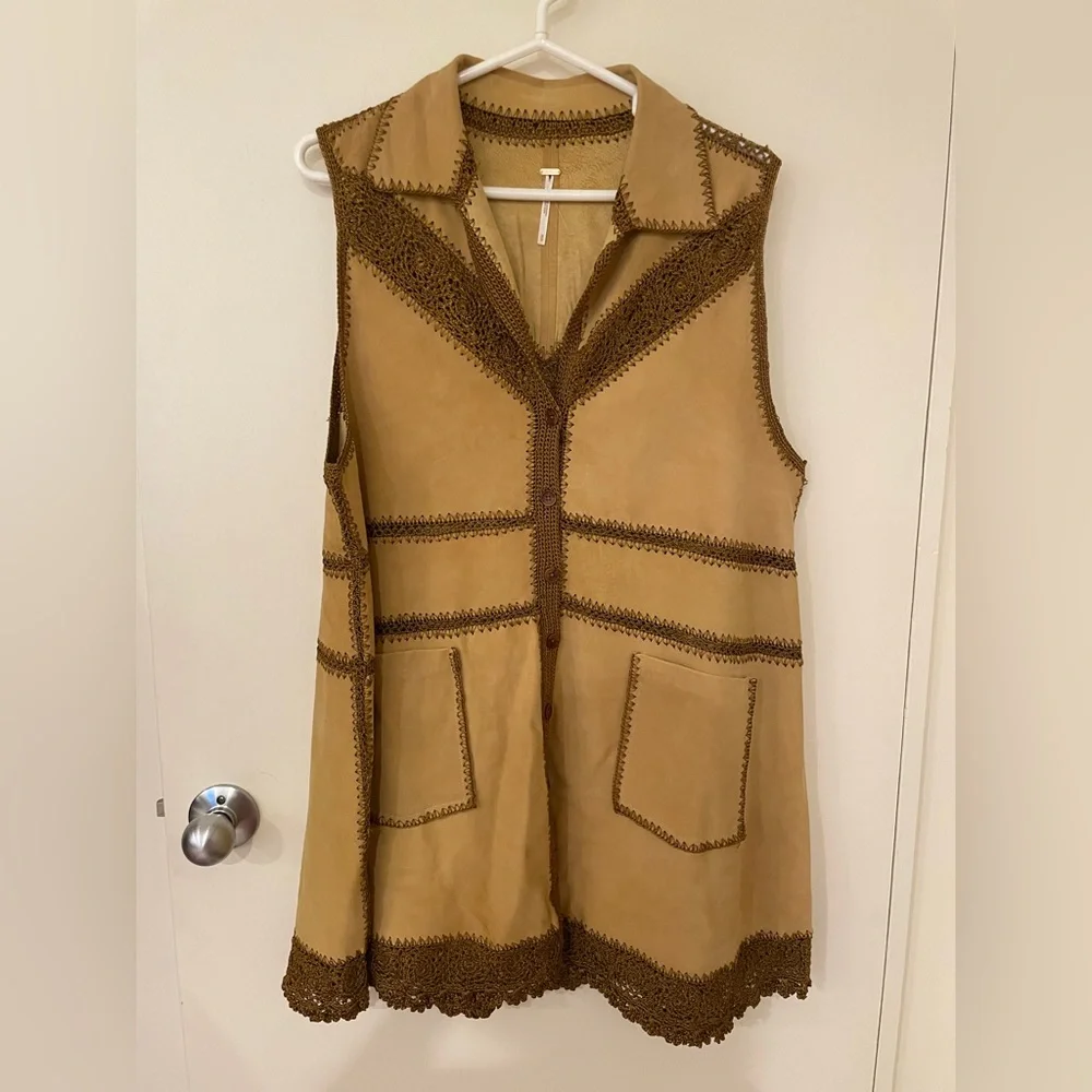 Free People suede Mini Dress vest duster crochet NEW - Picture 6 of 10